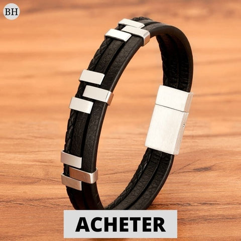 bracelets-cuir-homme-layer de couleur noir et argenté