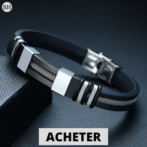 bracelets cuir homme en acier de couleur noir et argenté