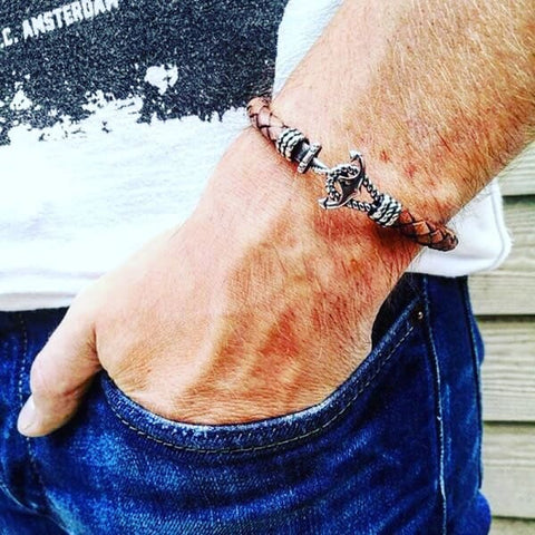 bracelets homme ancre en cuir et acier - vintage - couleur marron (2)